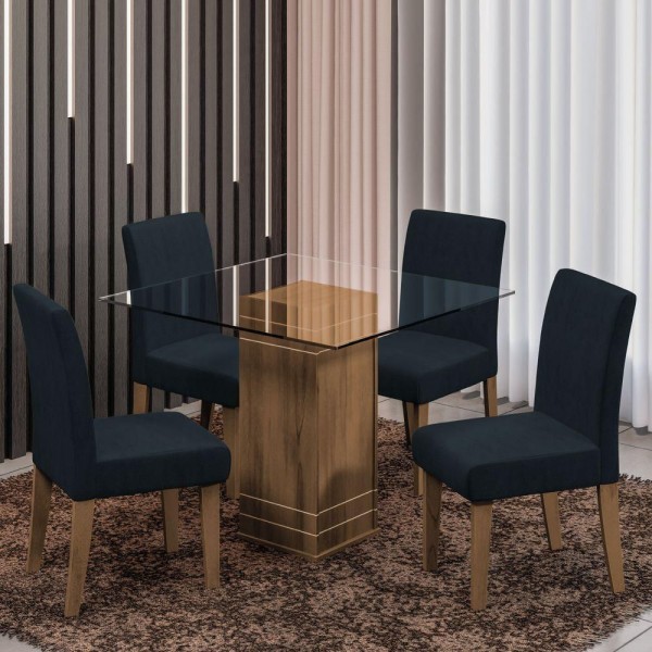 Encontraproduto.com.br - Conjunto De Mesa Sala De Jantar Com Tampo De Vidro 1m Onix 4 Cadeiras Trieste Cedro / Chumbo Dobuê Vidro
