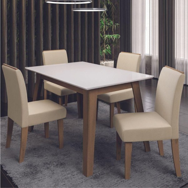 Encontraproduto.com.br - Conjunto De Mesa Sala De Jantar Tampo Com Vidro 4 Cadeiras Nova York 1,36m Cedro / Off White / Areia Dobuê Cedro / Off White