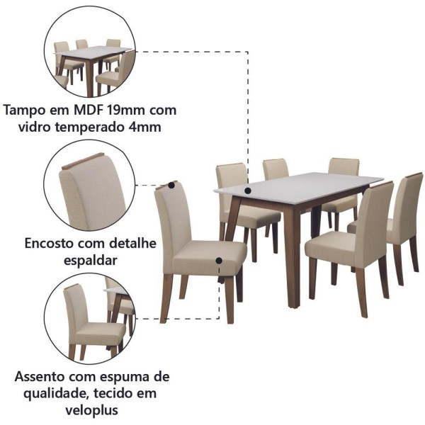 Encontraproduto.com.br - Conjunto De Mesa Sala De Jantar Tampo Com Vidro 6 Cadeiras Nova York 1,60m Cedro / Off White / Areia Dobuê Cedro / Off White