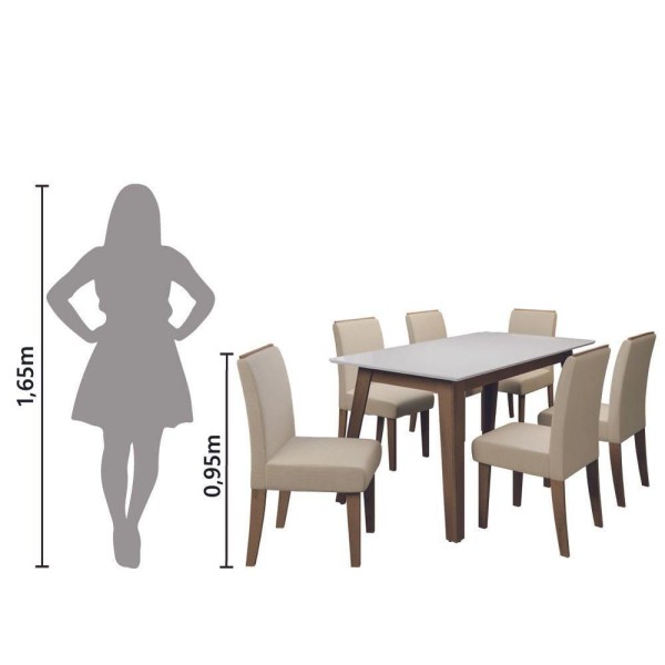 Encontraproduto.com.br - Conjunto De Mesa Sala De Jantar Tampo Com Vidro 6 Cadeiras Nova York 1,60m Cedro / Off White / Areia Dobuê Cedro / Off White
