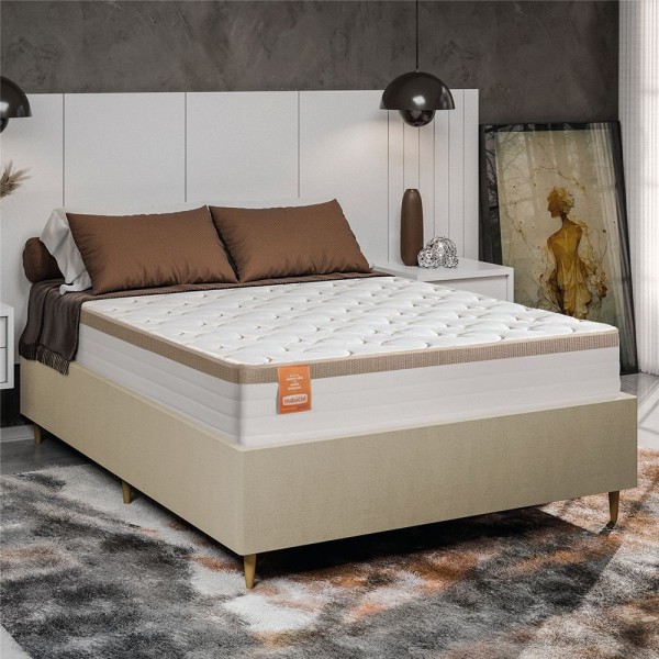 Encontraproduto.com.br - Cama Box Desmontável Casal C/ Colchão Molas Ensacadas Real 138x188x66cm Bege/branco Inducol Branco Nat