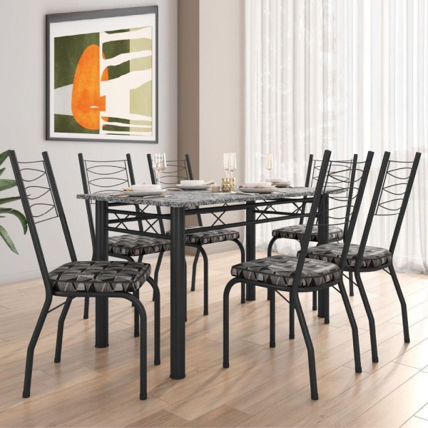 Encontraproduto.com.br - Conjunto Sala de Jantar Mesa Tampo Granito 1,40m com 6 Cadeiras Isis Preto-Mosaico Artefamol