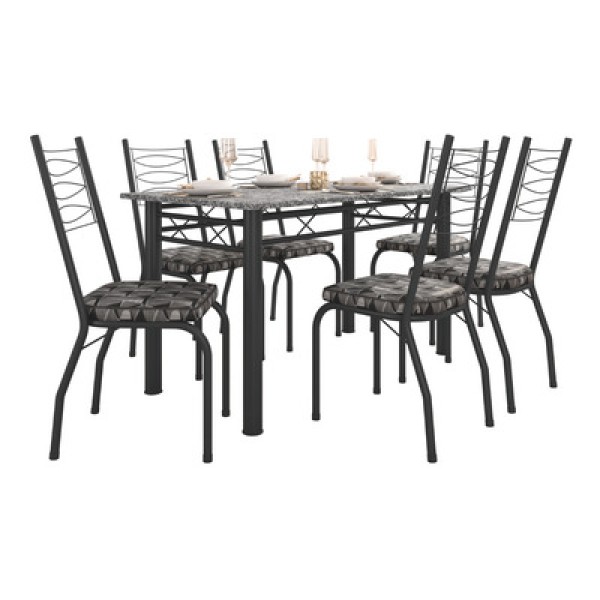 Encontraproduto.com.br - Conjunto Sala de Jantar Mesa Tampo Granito 1,40m com 6 Cadeiras Isis Preto-Mosaico Artefamol