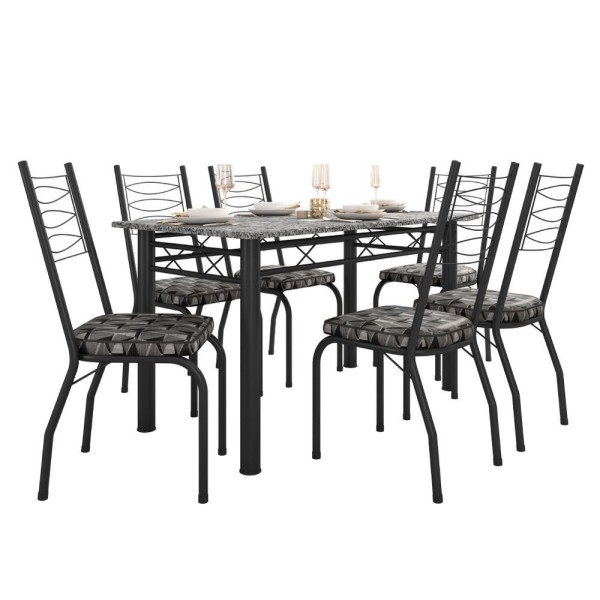 Encontraproduto.com.br - Conjunto Sala de Jantar Mesa Tampo Granito 1,40m com 6 Cadeiras Isis Preto-Mosaico Artefamol