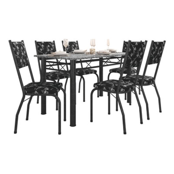Encontraproduto.com.br - Conjunto Sala De Jantar Mesa Tampo Granito 1,40m Com 6 Cadeiras Diana Preto/floral