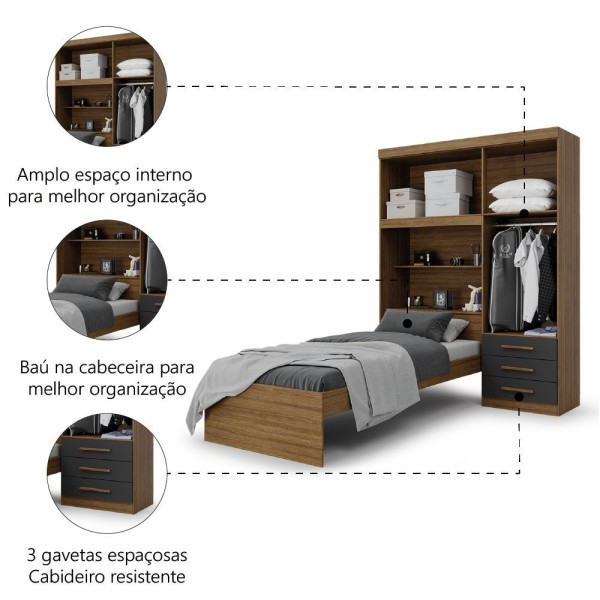 Encontraproduto.com.br - Guarda Roupa Solteiro Com Cama E Baú 4 Portas 3 Gavetas Advantage Batrol Ype Wood