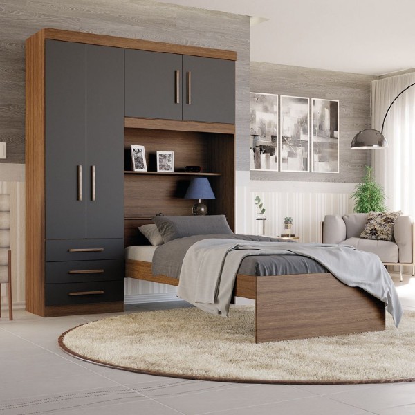 Encontraproduto.com.br - Guarda Roupa Solteiro Com Cama E Baú 4 Portas 3 Gavetas Advantage Batrol Ype Wood