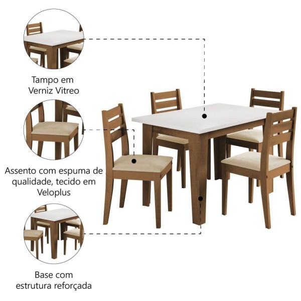 Encontraproduto.com.br - Conjunto Sala De Jantar Mesa Miami 1,20m 4 Cadeiras Dakar Cedro / Off White / Bege Dobuê Cast/bco