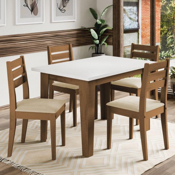 Encontraproduto.com.br - Conjunto Sala De Jantar Mesa Miami 1,20m 4 Cadeiras Dakar Cedro / Off White / Bege Dobuê Cast/bco