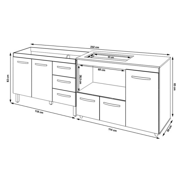 Encontraproduto.com.br - Kit Balcão Para Pia 118 Cm Bianca Branco Com Balcão Para Cooktop 4 Bocas Ana Branco