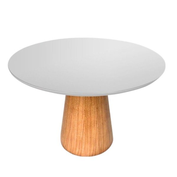 Encontraproduto.com.br - Mesa De Jantar Cone Redonda 160 Cm Base Madeira Freijó Tampo Laqueado Branco