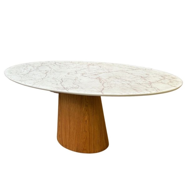 Encontraproduto.com.br - Mesa De Jantar Cone Oval 137x90 Cm Base Madeira Freijó Tampo Calacato Bronzeado