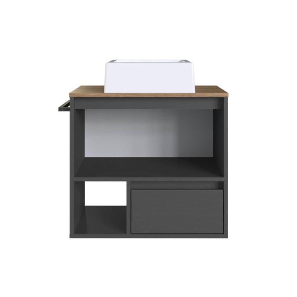 Encontraproduto.com.br - Gabinete de Banheiro Suspenso 60cm  com 1Nicho 1Toalheiro 1Porta e 1Gaveta BH8050 Mel/Grafite com Cuba