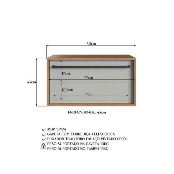 Encontraproduto.com.br - Gabinete de Banheiro Suspenso 80cm  com 1Gavetão Puxador Toalheiro BH8040 Mel/Arenas