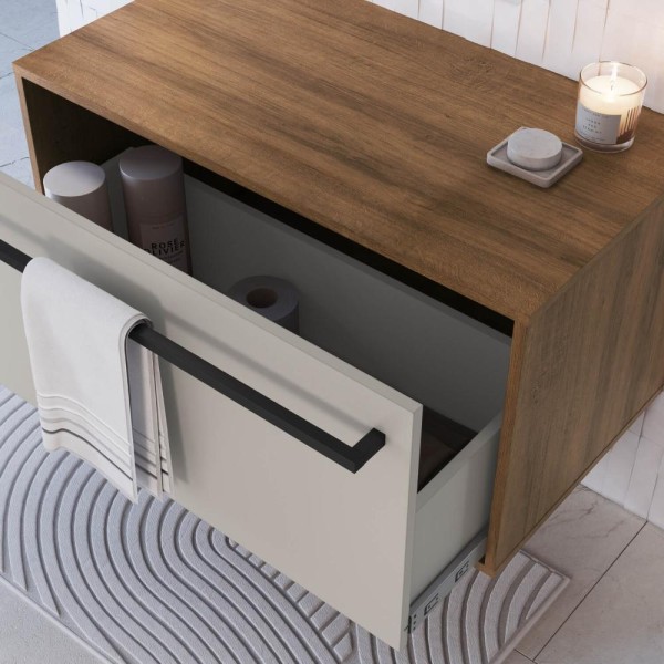 Encontraproduto.com.br - Gabinete de Banheiro Suspenso 80cm  com 1Gavetão Puxador Toalheiro BH8040 Mel/Arenas