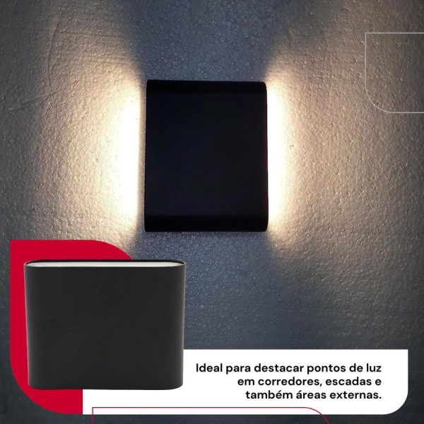 Encontraproduto.com.br - Arandela De Led Retangular Preta Arredondada 2 Fachos 3w Para Parede Sala Quarto Quintal Jardim