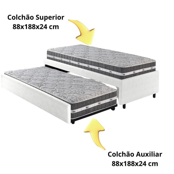 Encontraproduto.com.br - Bicama Box Solteiro Courino Linho Branco 88x188 Com Colchão Colchão Black Graphite Molas Ensacadas Anjos