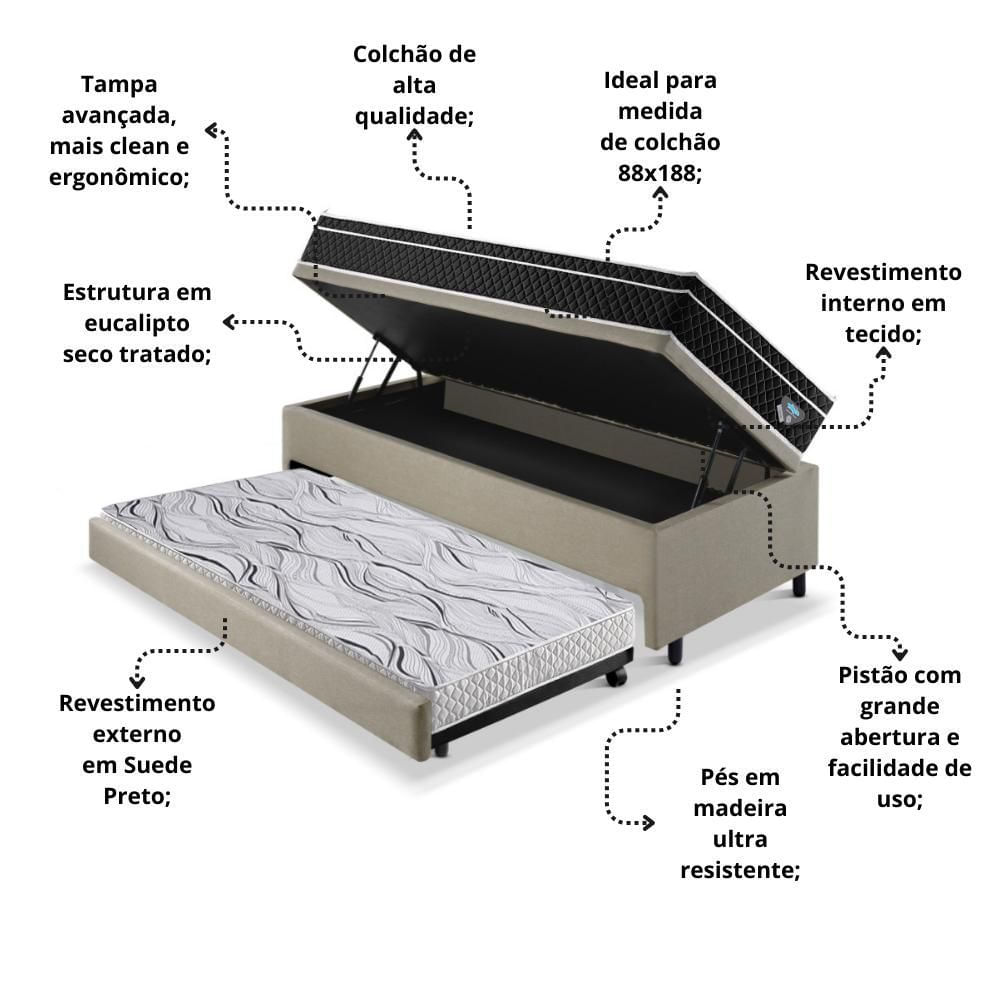 Encontraproduto.com.br - Bicama Box Baú Solteiro Com Colchão Gransleep Ecoflex Molas Verticoil Linho Bege 88x188