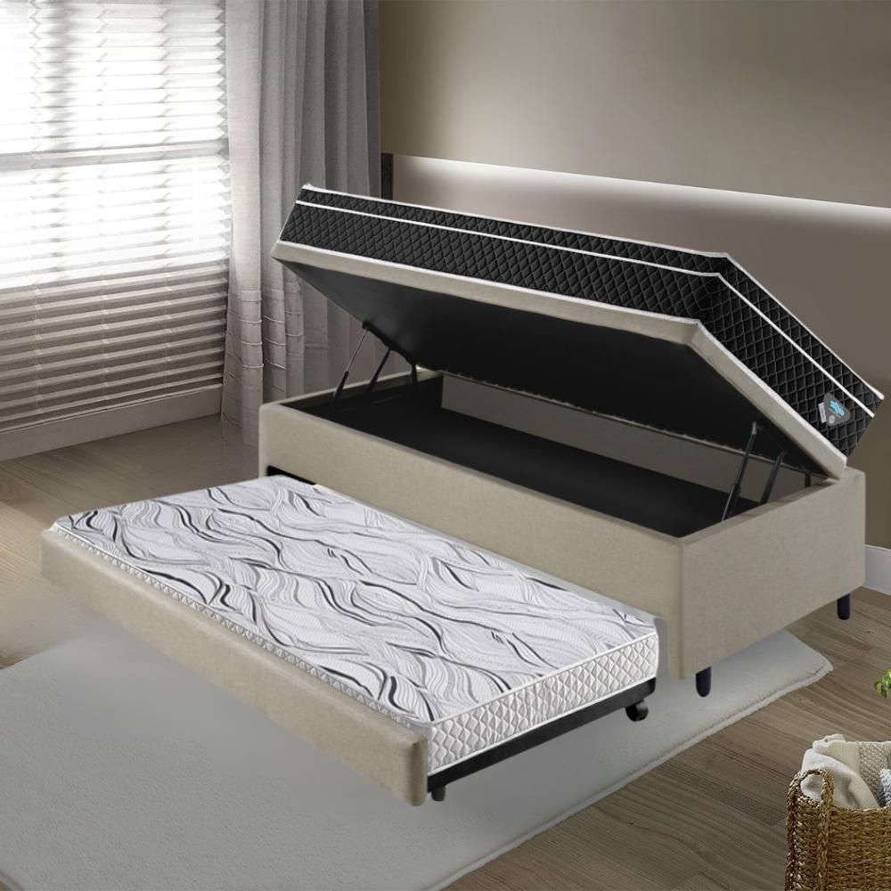 Encontraproduto.com.br - Bicama Box Baú Solteiro Com Colchão Gransleep Ecoflex Molas Verticoil Linho Bege 88x188