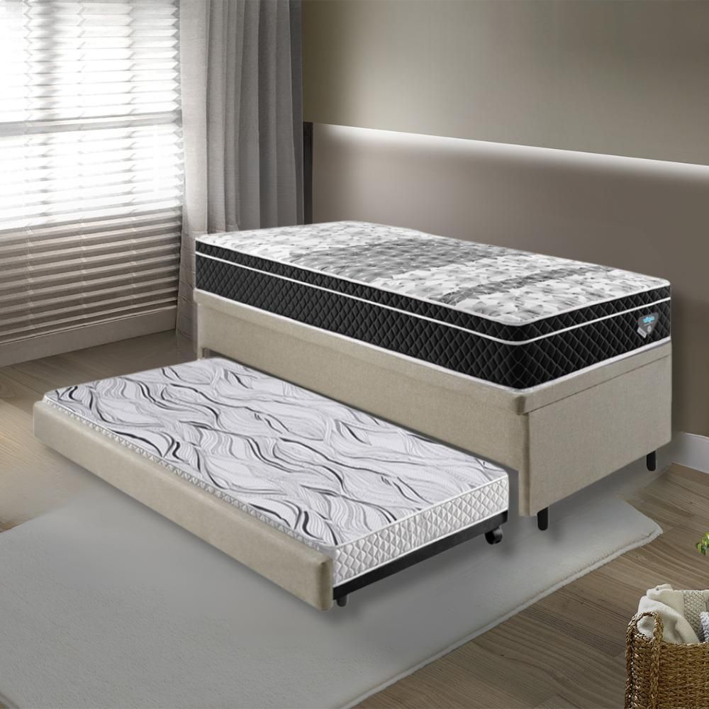 Encontraproduto.com.br - Bicama Box Baú Solteiro Com Colchão Gransleep Ecoflex Molas Verticoil Linho Bege 88x188