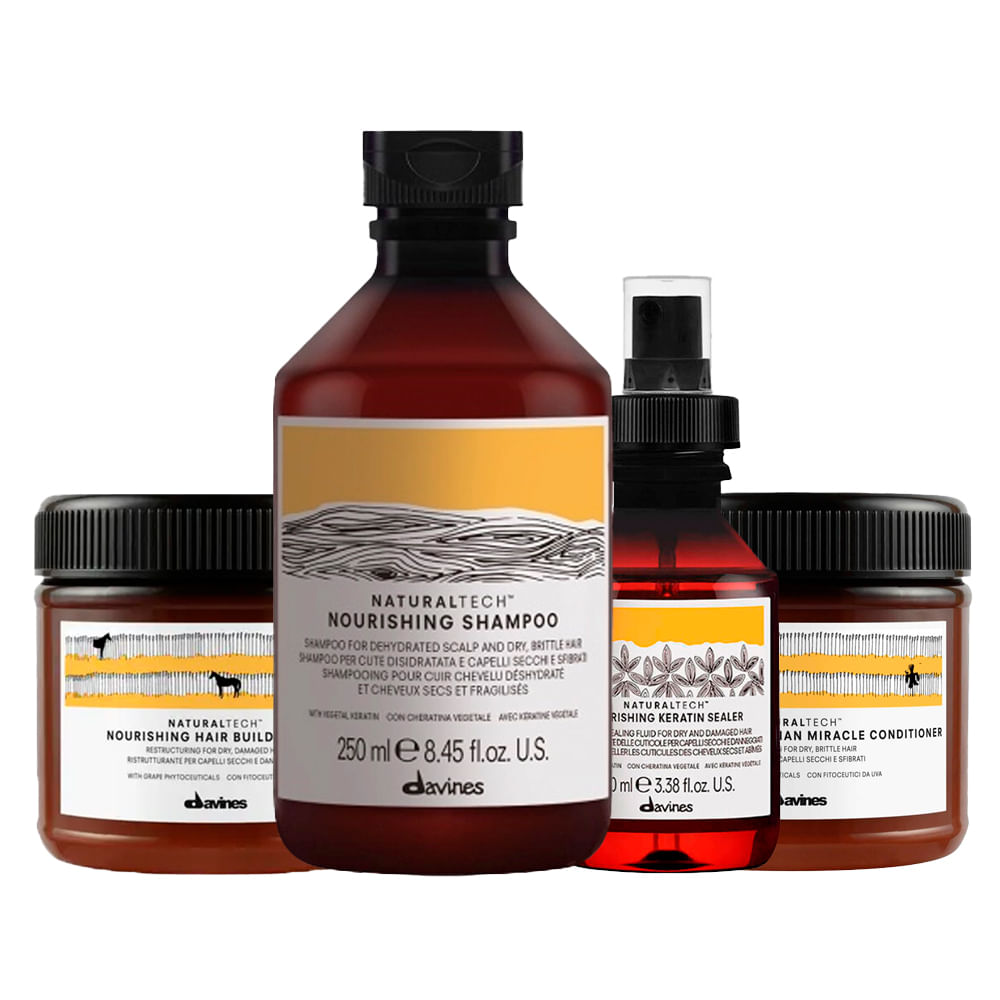 Encontraproduto.com.br - Kit Davines Naturaltech Nourishing - Shampoo 250 ml + Condicionador 250 ml + Máscara Building Pak 250 ml + Fluido 100 ml