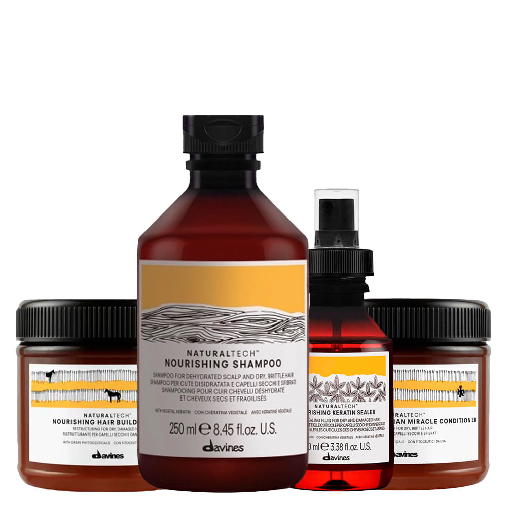 Encontraproduto.com.br - Kit Davines Naturaltech Nourishing - Shampoo 250 ml + Condicionador 250 ml + Máscara Building Pak 250 ml + Fluido 100 ml