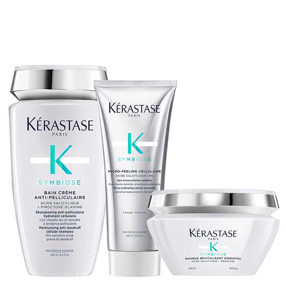Kit Kérastase Symbiose – Shampoo Bain Crème 250 ml + Tratamento Anticaspa 200 ml  + Máscara de Nutrição 200 ml