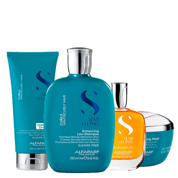 Encontraproduto.com.br - Kit Alfaparf Milano Professional Semi Di Lino Curls - Shampoo 250 ml + Condicionador Co- Wash 200 ml + Máscara 200 ml + Óleo 100 ml