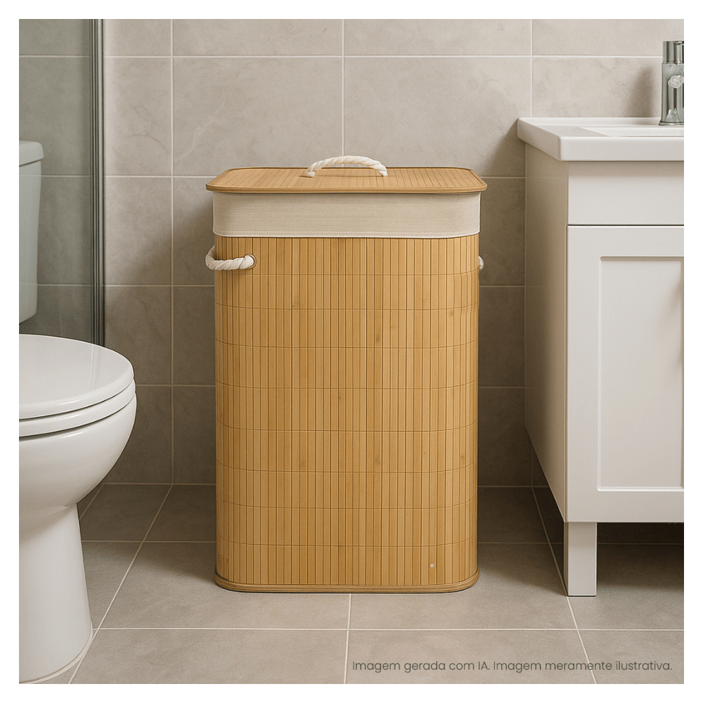 Encontraproduto.com.br - Cesto De Roupa Bambu Retangular Com Tampa 65l Tiklar