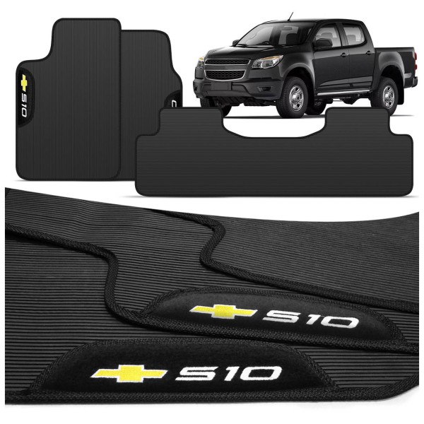 Encontraproduto.com.br - Jogo de Tapete PVC S10 Cabine Dupla 2008 a 2018 Preto com Logo Bordada Concept 3D 3 Peças