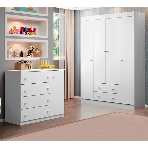 Encontraproduto.com.br - Jogo De Quarto Infantil Elisa Branco Guarda Roupa E Cômoda 100% Mdf - Phoenix Baby
