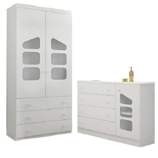 Encontraproduto.com.br - Quarto Infantil Com Guarda Roupa 2 Portas E Cômoda 4 Gavetas E 1 Porta Eloísa - Phoenix Baby