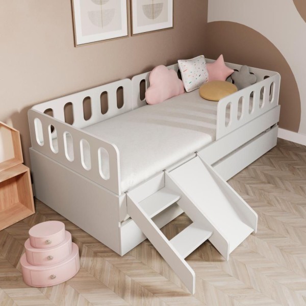 Encontraproduto.com.br - Bicama Solteiro Mdf Branco Com Escadinha/escorrega 03 Grades E Cabeceira Anatômica Mobilistore