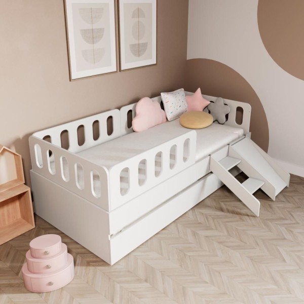 Encontraproduto.com.br - Bicama Solteiro Mdf Branco Com Escadinha/escorrega 03 Grades E Cabeceira Anatômica Mobilistore