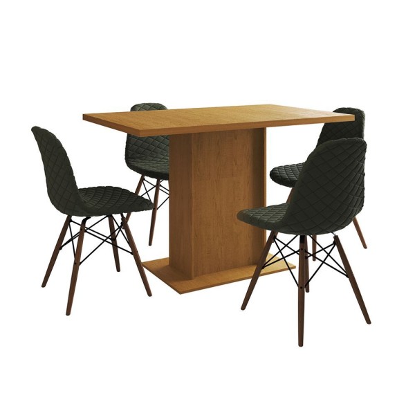 Encontraproduto.com.br - Mesa Jantar Londres Retangular Canela 120X77Cm Base Preta 4 Cadeiras Eames Estofadas Verde Base Made