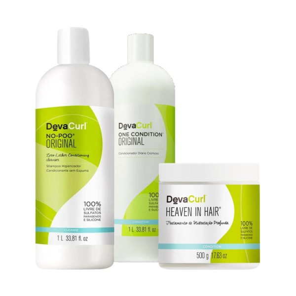 Kit Deva Curl Shampoo No-Poo 1L, Condicionador One Condition 1L, Máscara Capilar Heaven In Hair 500g