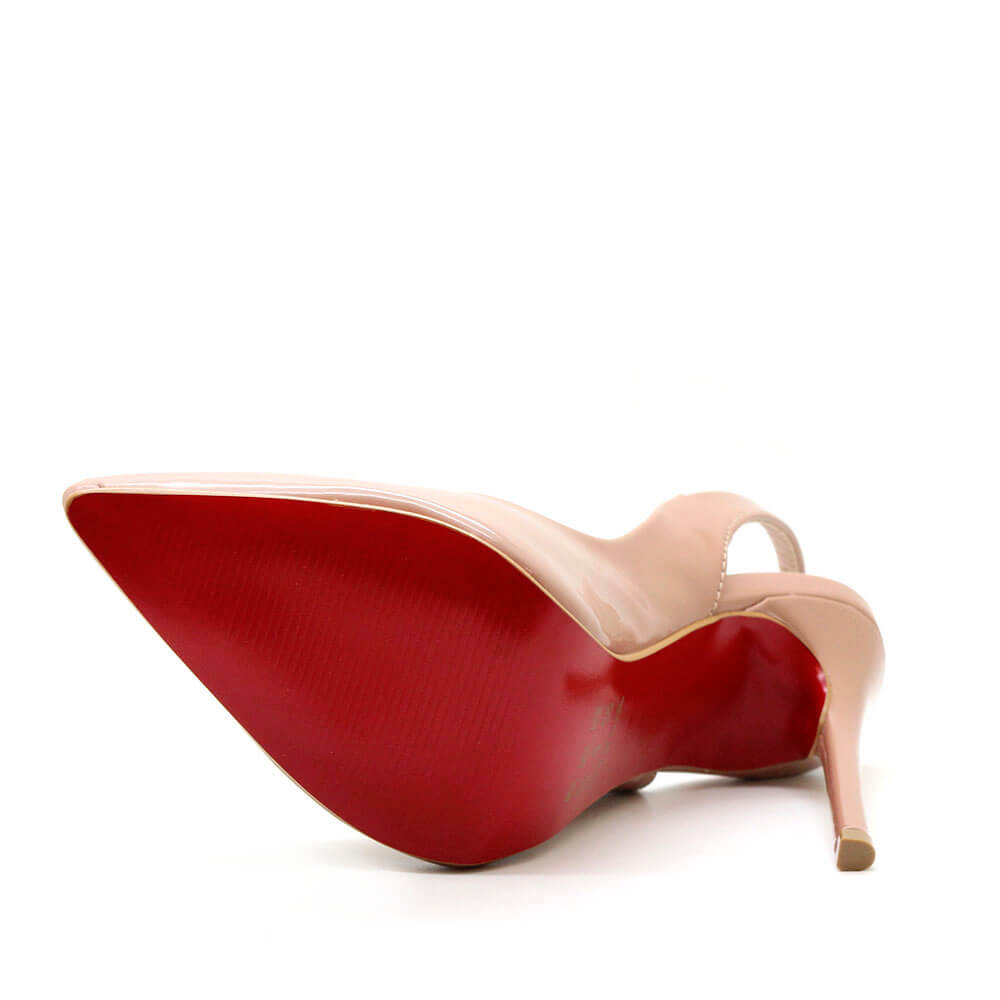 Encontraproduto.com.br - Scarpin Royalz Verniz Sola Vermelha Salto Alto Fino Celine Slingback Nude Escuro