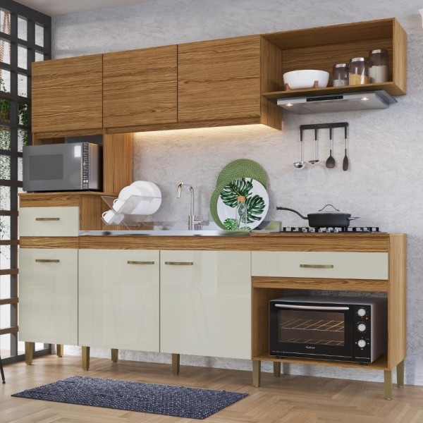Encontraproduto.com.br - Cozinha Compacta 6 Portas 2 Gavetas Com Armário E Balcão Co2624 Decibal Naturalle Cristalo Naturalle|cristalo