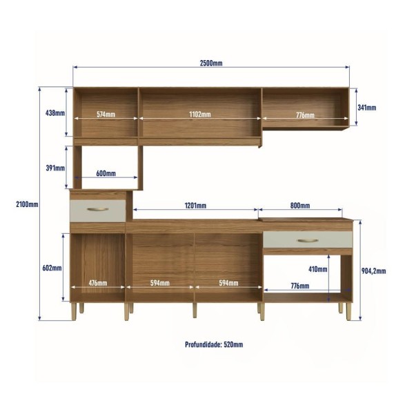 Encontraproduto.com.br - Cozinha Compacta 6 Portas 2 Gavetas Com Armário E Balcão Co2624 Decibal Naturalle Cristalo Naturalle|cristalo