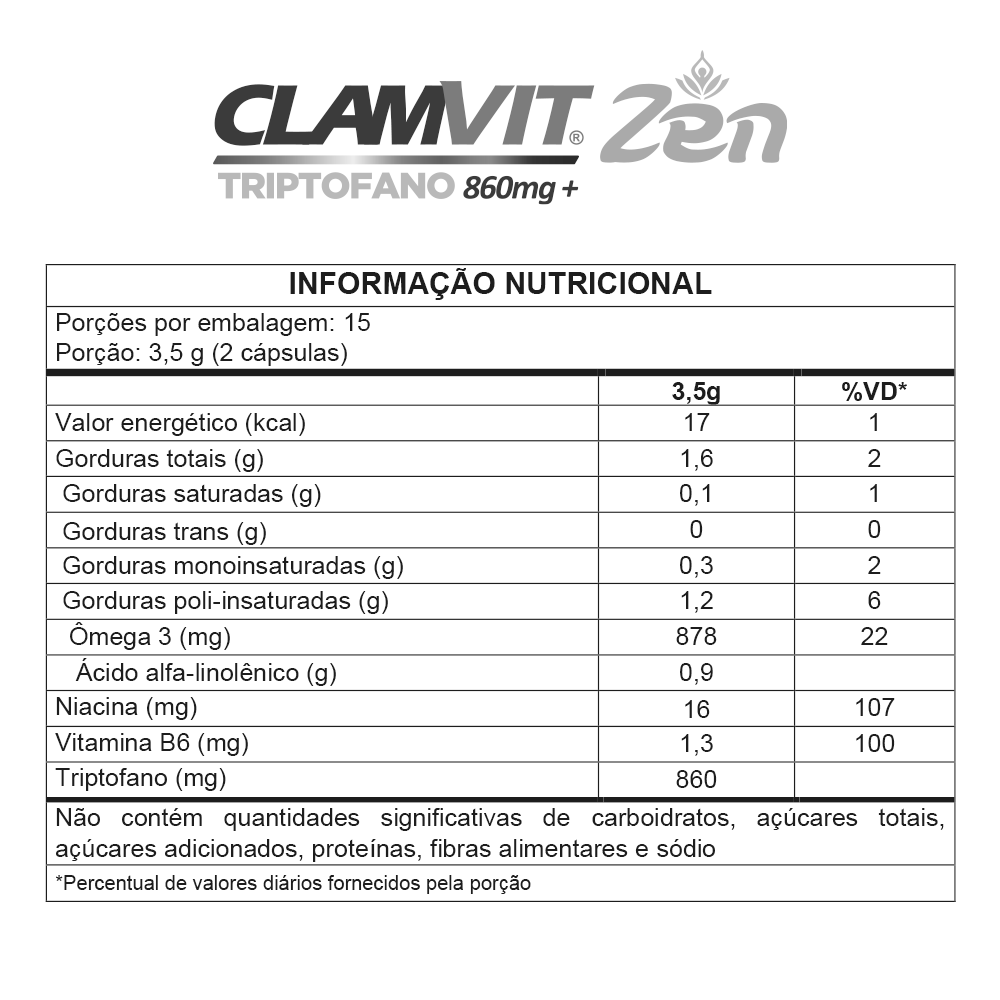 Encontraproduto.com.br - Clamvit Zen Triptofano + Vitaminas B3 E B6 Com 30 Capsulas 860mg