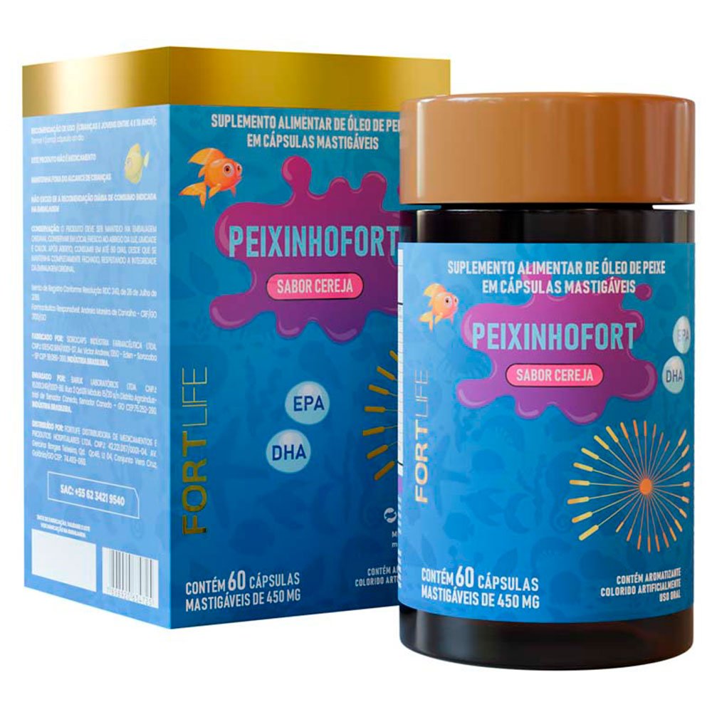 Encontraproduto.com.br - Peixinhofort Ômega 3 Infantil 450mg 60 Cápsulas Mastigáveis Sabor Cereja Fortlife
