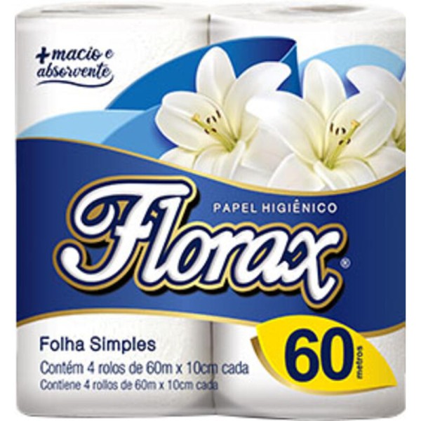 Encontraproduto.com.br - Papel Higiênico Florax Folha Simples - 60m Pacote com 4 rolos