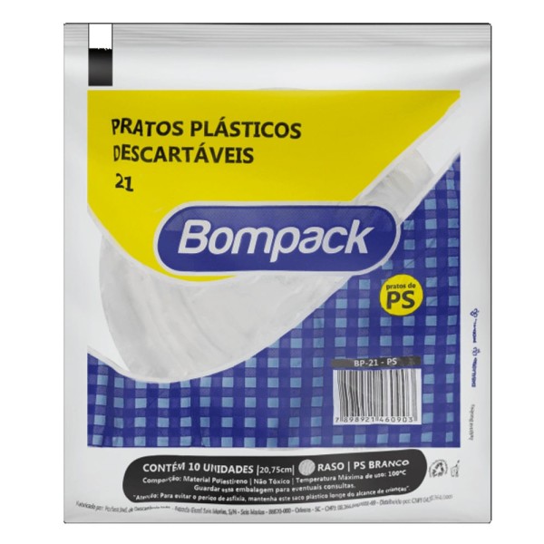 Prato Descartável Bompack 21Cm Com 10 Unidades