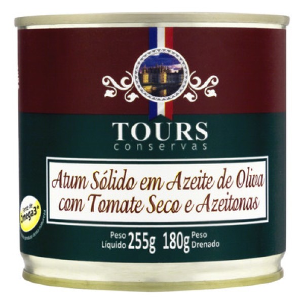 Encontraproduto.com.br - Atum TOURS em Azeite de Oliva, Tomate Seco e Azeitonas Sólido 180g