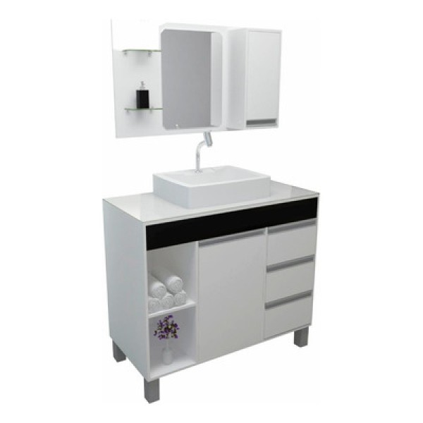 Encontraproduto.com.br - Armário Para Banheiro/ Lavabo Fit Supreme 97 Cm Branco Com Preto C/cuba + Espelheira Com Espelho + Torneira E Válvula
