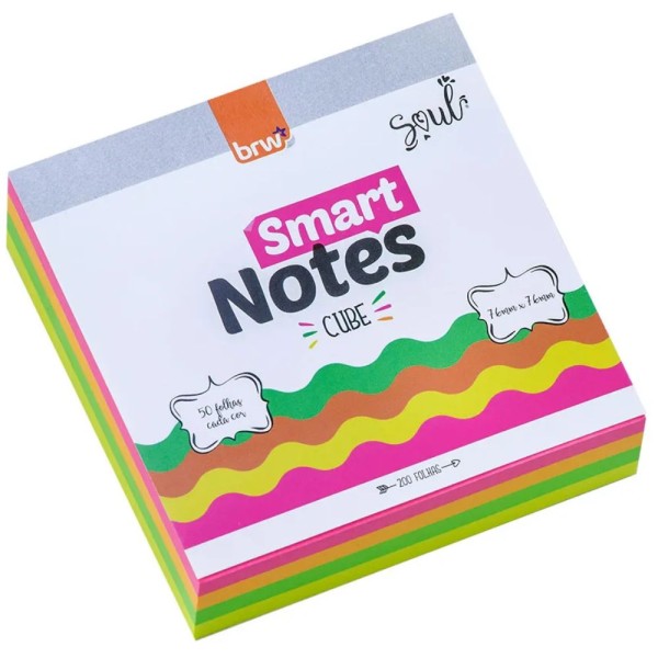 Bloco Adesivo Smart Notes Colorido Neon Cubo com 200 Folhas 76x76mm - BRW