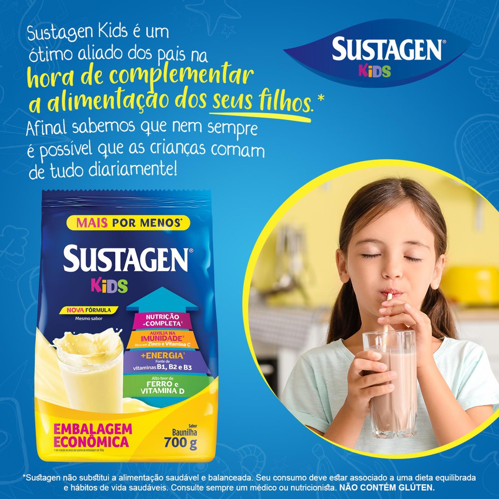 Encontraproduto.com.br - Complemento Alimentar Sustagen kids Sabor Baunilha sachê com 700g