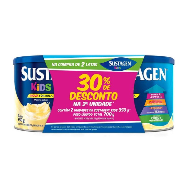 Encontraproduto.com.br - Pack Pó para Preparo de Bebida Baunilha Sustagen Kids Lata 700g 2 Unidades Grátis 30% de Desconto na Segunda Lata