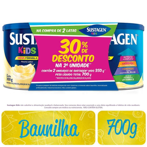 Encontraproduto.com.br - Pack Pó para Preparo de Bebida Baunilha Sustagen Kids Lata 700g 2 Unidades Grátis 30% de Desconto na Segunda Lata