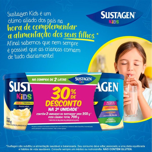 Encontraproduto.com.br - Pack Pó para Preparo de Bebida Baunilha Sustagen Kids Lata 700g 2 Unidades Grátis 30% de Desconto na Segunda Lata